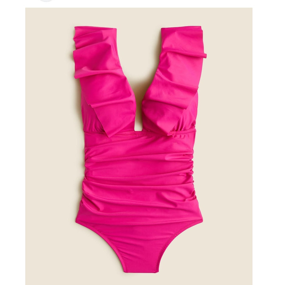 NWT J. Crew Ruched Ruffle One-Piece Swimsuit Pink Fuchsia 14